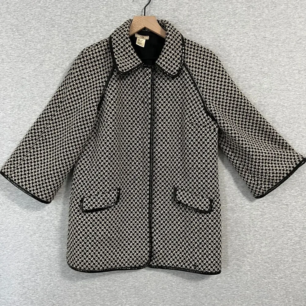 Nubby Coat Jacket Womens Medium Black White Tweed Y2K Patent Leather Trim Modern